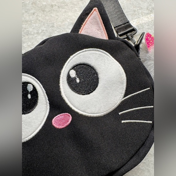 New Black Cat Crossbody Shoulder Purse Bag w/ Pink & Gray Bag Charm - 8” x 6” - Picture 5 of 10